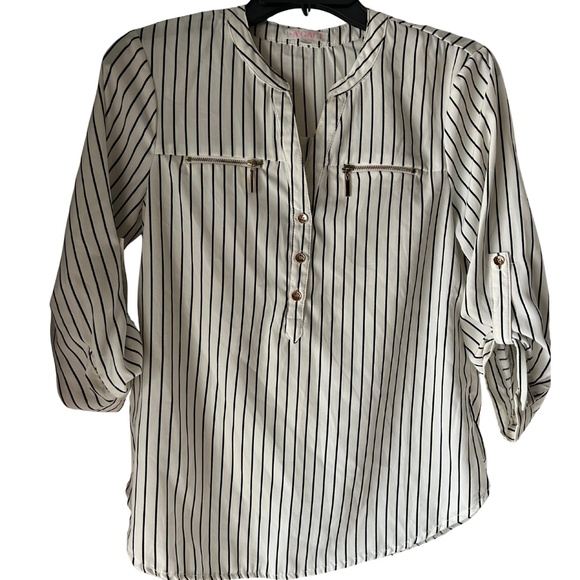 White Striped Button-Down Top – Black Vertical Stripes, Roll-Tab Sleeves - Picture 1 of 3